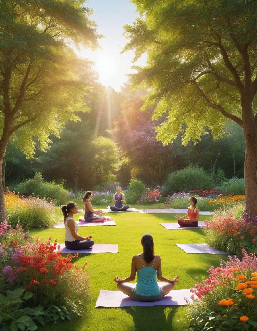 A serene landscape showcasing diverse cultures harmonizing together, with elements representing wellness such as yoga, meditation, and healthy food. In the foreground, a diverse group of individuals engaging in joyful activities under a bright sun, surrounded by nature and symbols of peace. Soft, flowing lines and vibrant colors blend together to depict a sense of balance and unity. painterly style. warm colors. harmonious composition.