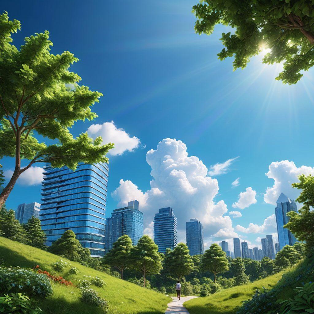 A serene landscape illustrating balance, featuring a harmonious blend of nature and man-made elements: a lush green forest on one side, and a tranquil urban setting on the other, with people engaging in wellness activities like yoga and meditation. A bright blue sky with soft clouds enhances the sense of peace. The overall feel is uplifting and inspiring. super-realistic. vibrant colors. 3D.
