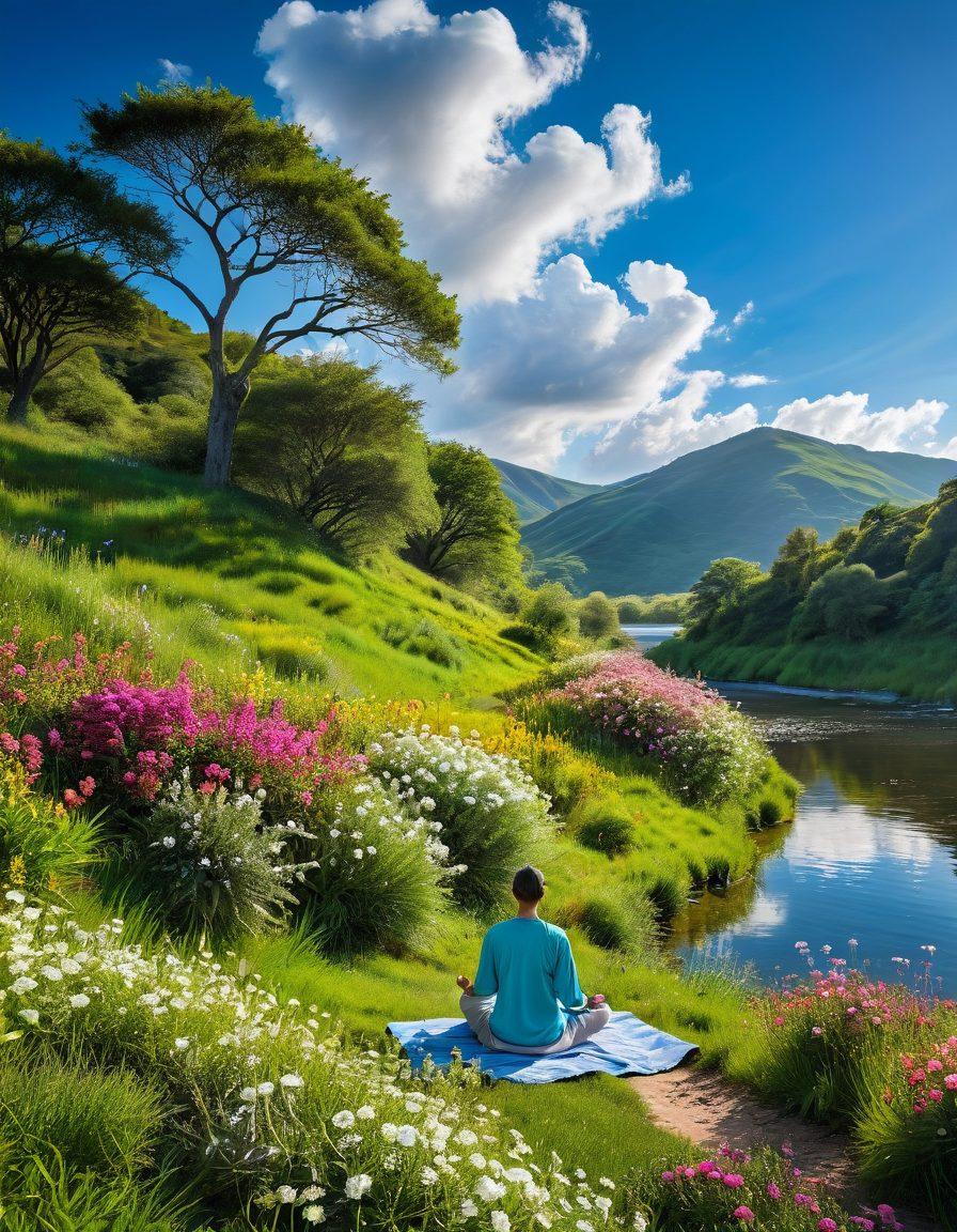 A serene landscape featuring a person meditating on a lush green hill, surrounded by vibrant flowers and a clear blue sky. Incorporate elements like a calm river flowing nearby and gentle sunlight breaking through fluffy clouds, symbolizing balance and wellness. Include soft, radiant colors to evoke a sense of tranquility and harmony. super-realistic. vibrant colors. serene atmosphere.